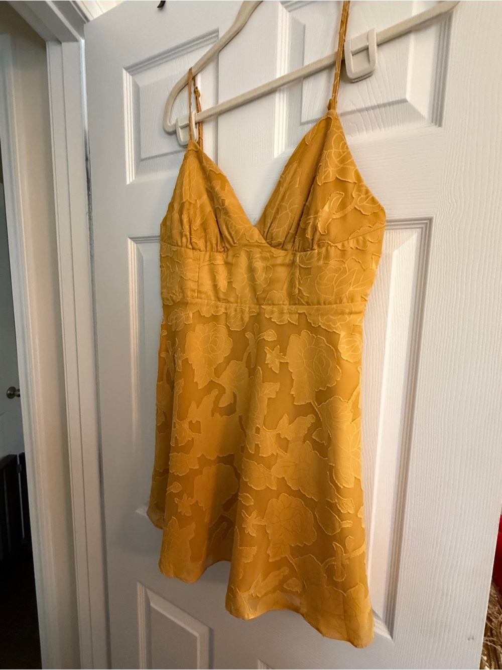 Lulu's Mustard Yellow Floral Jacquard Slip Dress with Adjustable Straps